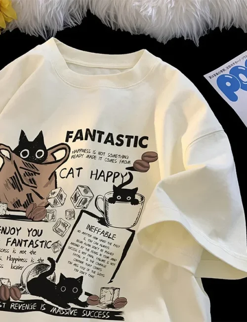 New Men Women T Shirt Pullover Oversize Korean version Cartoon Cat Group Printed T-Shirt Casual Short Sleeve Couples T-Shirt