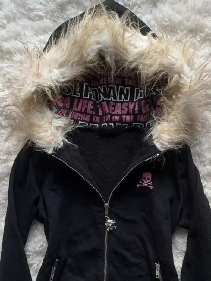 Y2K Black Fur Collar Zipper Sweatshirt Hoodie Sexy Women Sweatshirt Harajuku Goth Letter Graphic Print Slim Coat Winter Clothes - Image 4