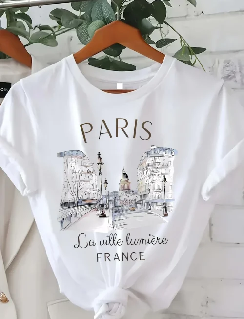 90s T Shirt Paris Women Print T-shirt Girl Short Sleeve Crew Neck Casual Top for Summer Spring Women's Clothing