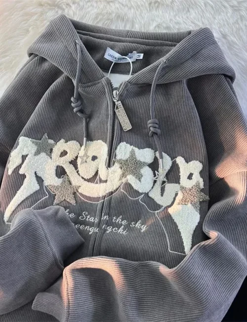 Fashion Embroidery Zip Up Hoodies Women Autumn Long Sleeve Tops Loose Hood Shirt Harajuku Y2K Clothes Female Sweatshirt Jacket