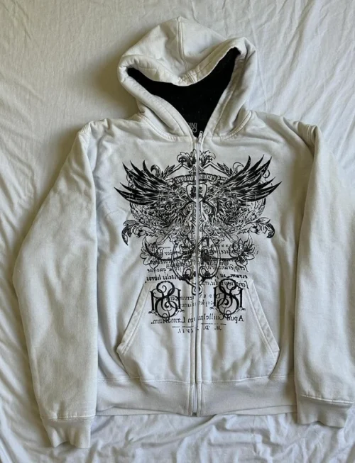 Imcute Wing Print Mall Goth Vintage Hoodies Y2K Grunge Graphic Long Sleeve Hooded Sweatshirt Harajuku Japanese Aesthetic Women