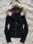 Y2K Black Fur Collar Zipper Sweatshirt Hoodie Sexy Women Sweatshirt Harajuku Goth Letter Graphic Print Slim Coat Winter Clothes