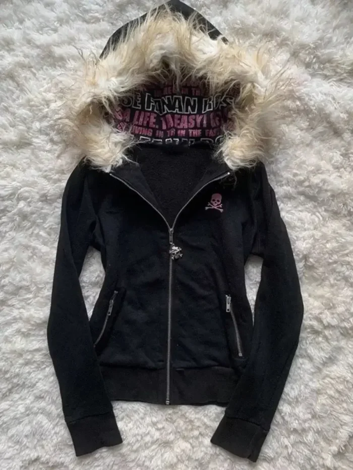 Y2K Black Fur Collar Zipper Sweatshirt Hoodie Sexy Women Sweatshirt Harajuku Goth Letter Graphic Print Slim Coat Winter Clothes - Image 2