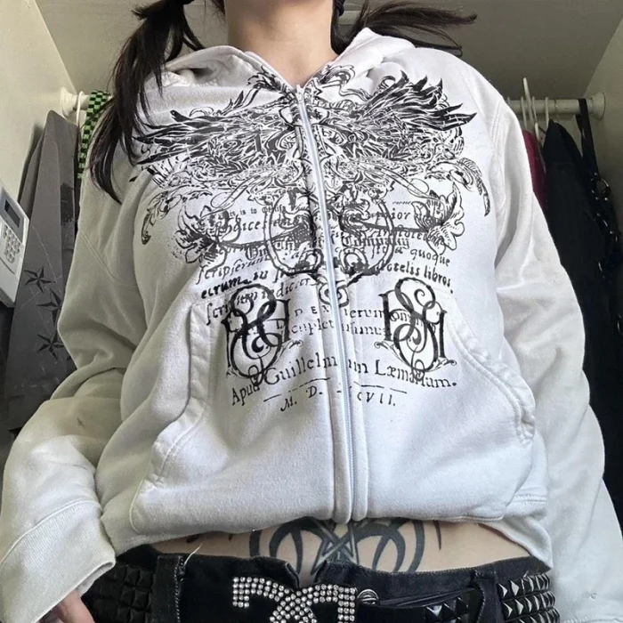 Imcute Wing Print Mall Goth Vintage Hoodies Y2K Grunge Graphic Long Sleeve Hooded Sweatshirt Harajuku Japanese Aesthetic Women - Image 4