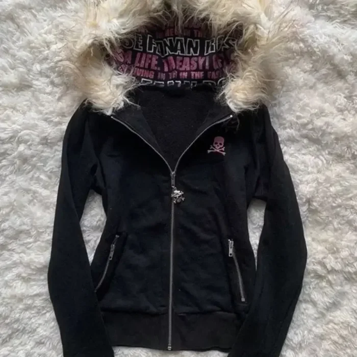 Y2K Black Fur Collar Zipper Sweatshirt Hoodie Sexy Women Sweatshirt Harajuku Goth Letter Graphic Print Slim Coat Winter Clothes - Image 3