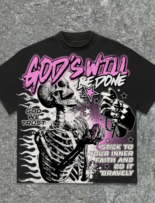 American Retro God's Will Skull Retro Pattern Cotton T-shirt Printed Graphic Men and Women Y2K Oversized T-shirt Street Wear