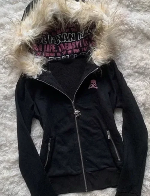 Y2K Black Fur Collar Zipper Sweatshirt Hoodie Sexy Women Sweatshirt Harajuku Goth Letter Graphic Print Slim Coat Winter Clothes