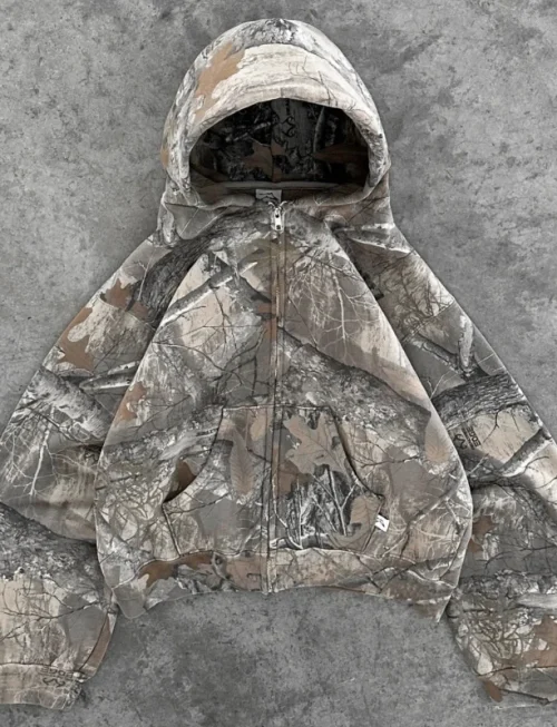 Y2K Retro zip up Hoodie Men Camouflage Pattern zipper Sweatshirt High Street Hip Hop Streetwear Oversized Unisex Camo Hoodie